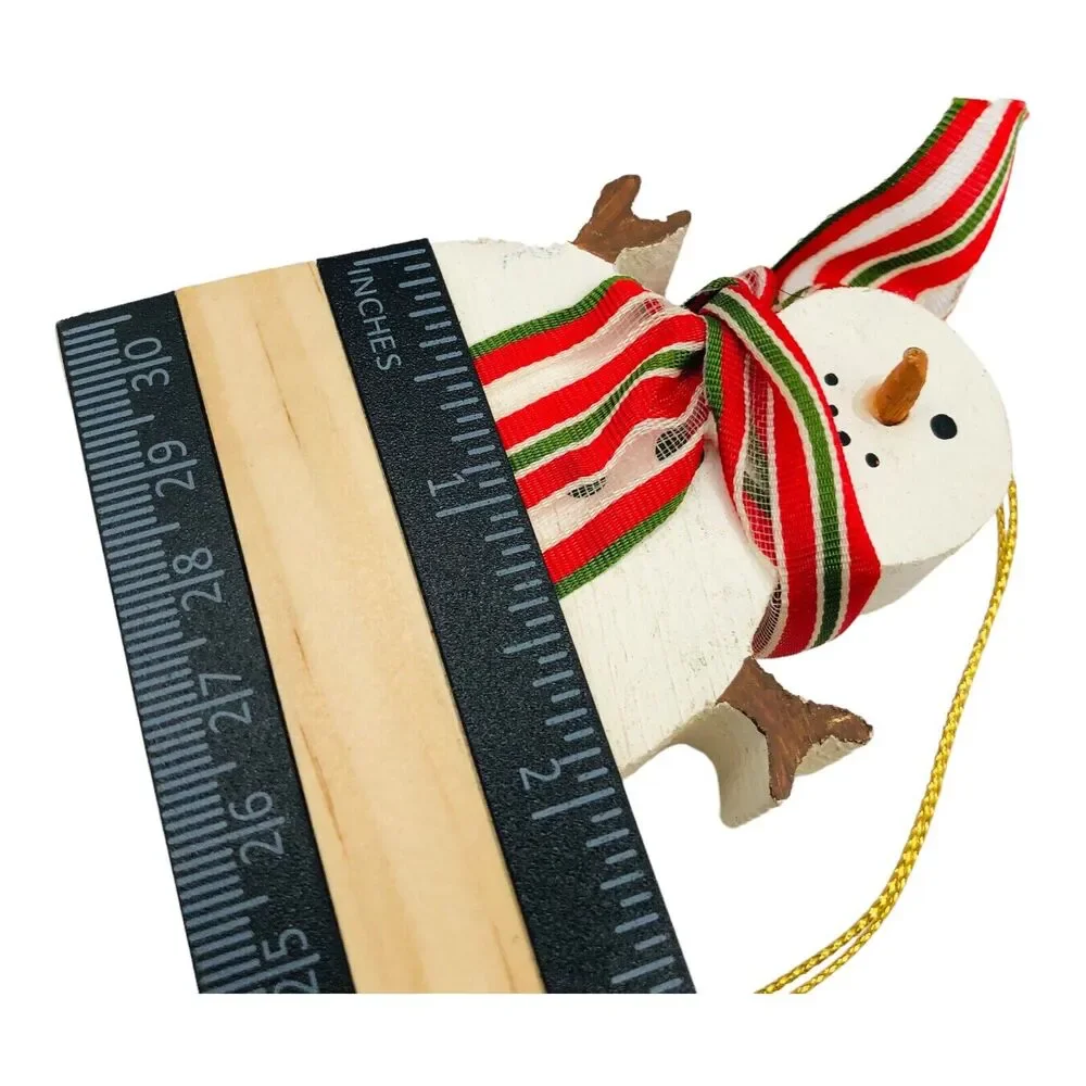 Country Wooden Block Snowman Christmas Tree Ornament Ribbon Scarf Red Green